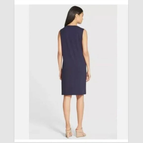 Eileen Fisher Faux Wrap Sheath Dress Size L Navy Blue Viscose Jersey Stretch - Picture 2 of 9